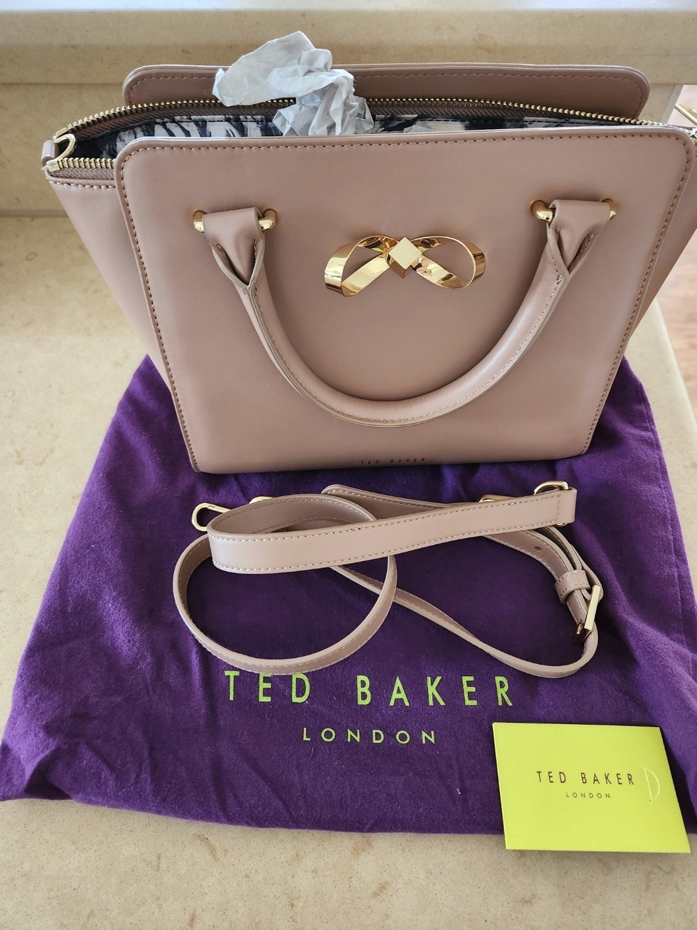 Ted Baker Dusty Pink Leather Top-Handle Satchel with Gold Accent